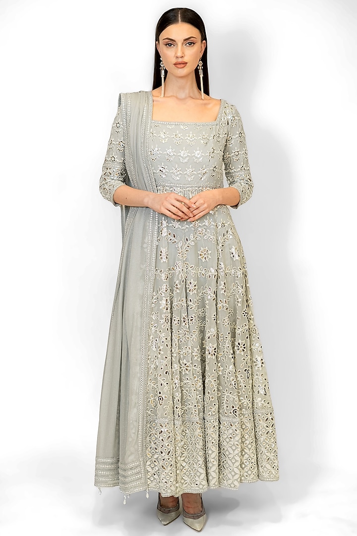 Blue-Grey Georgette Embroidered Anarkali Set by Rabani & Rakha at Pernia's Pop Up Shop