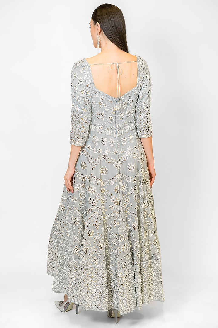 Blue-Grey Georgette Embroidered Bridal Anarkali Set by Rabani & Rakha at Pernia's Pop Up Shop