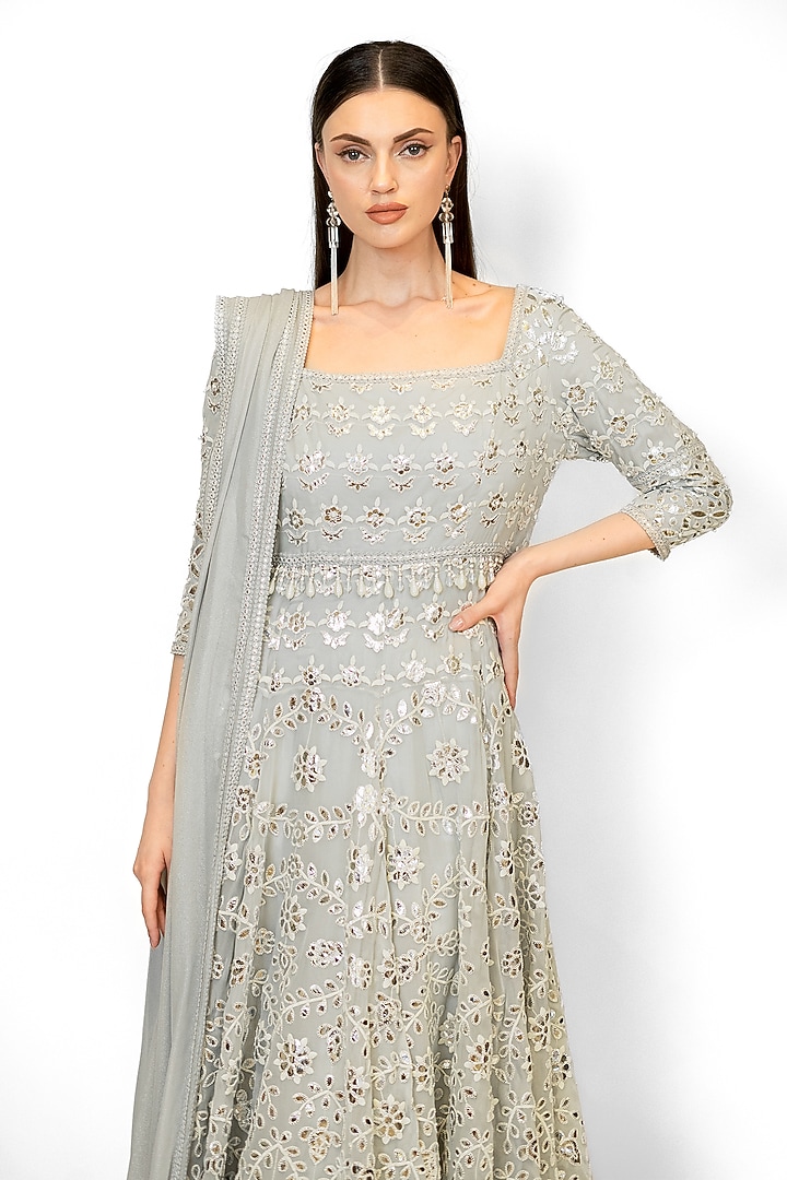 Blue-Grey Georgette Embroidered Bridal Anarkali Set by Rabani & Rakha at Pernia's Pop Up Shop
