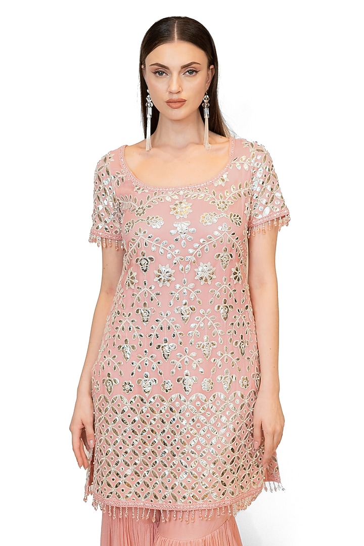 Rose Pink Georgette & Net Gharara Set by Rabani & Rakha at Pernia's Pop Up Shop