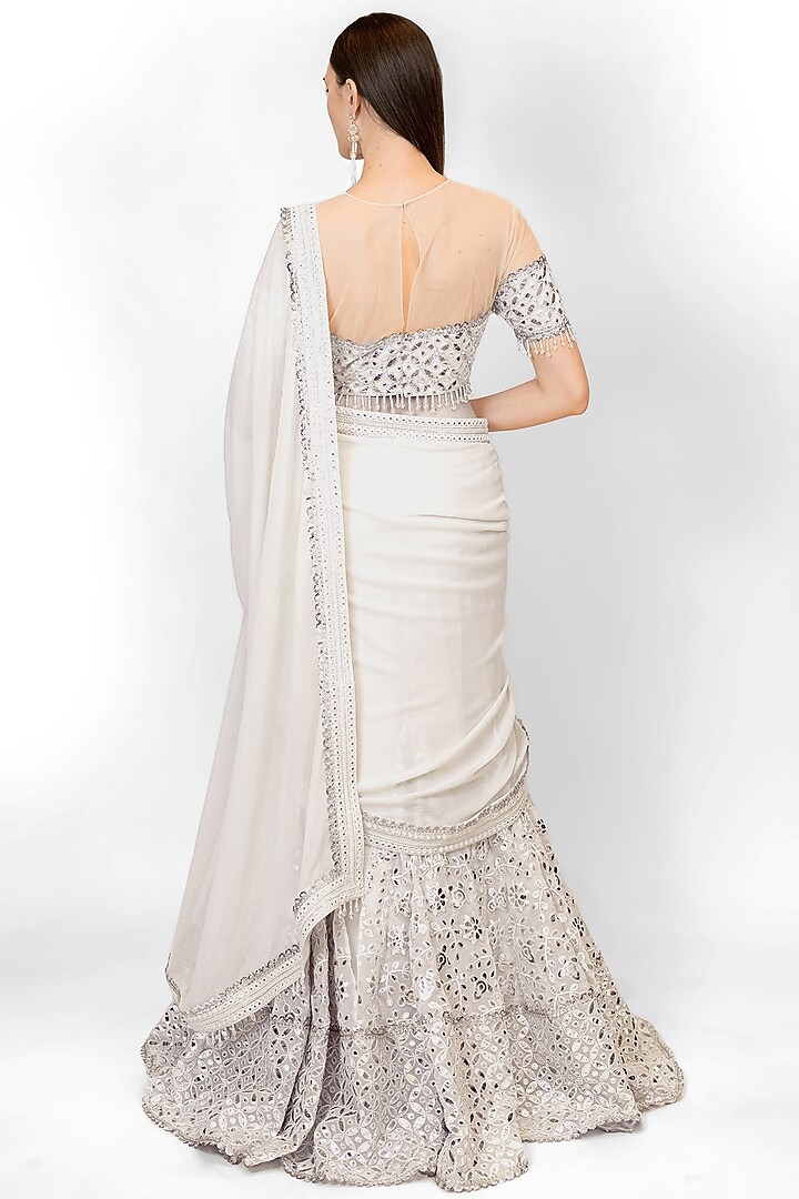 Ivory Georgette & Net Embroidered Bridal Lehenga Saree Set by Rabani & Rakha at Pernia's Pop Up Shop