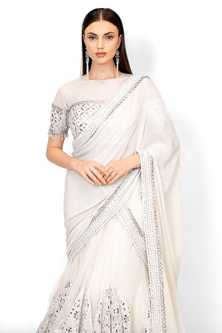 Ivory Georgette & Net Embroidered Bridal Lehenga Saree Set by Rabani & Rakha at Pernia's Pop Up Shop