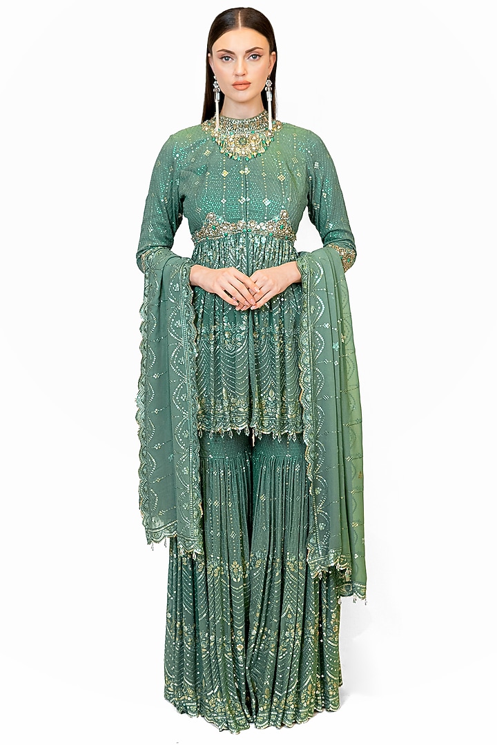 Moss Green Georgette Gharara Set by Rabani & Rakha at Pernia's Pop Up Shop
