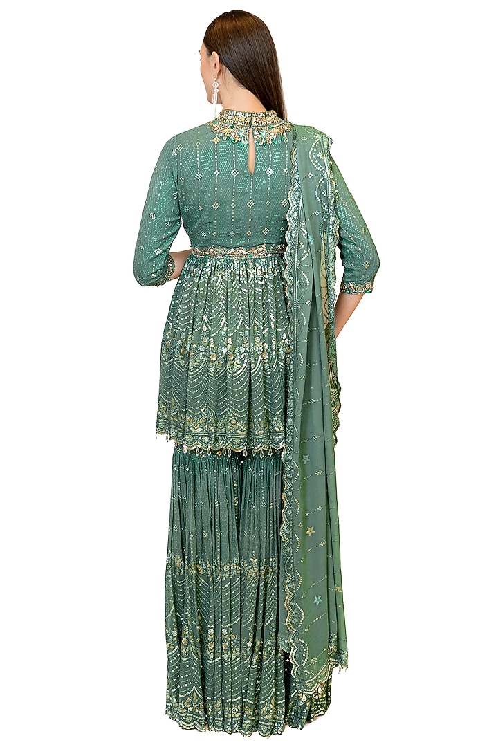 Moss Green Georgette Gharara Set by Rabani & Rakha at Pernia's Pop Up Shop