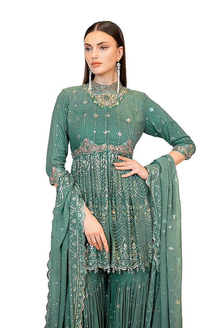 Moss Green Georgette Gharara Set by Rabani & Rakha at Pernia's Pop Up Shop