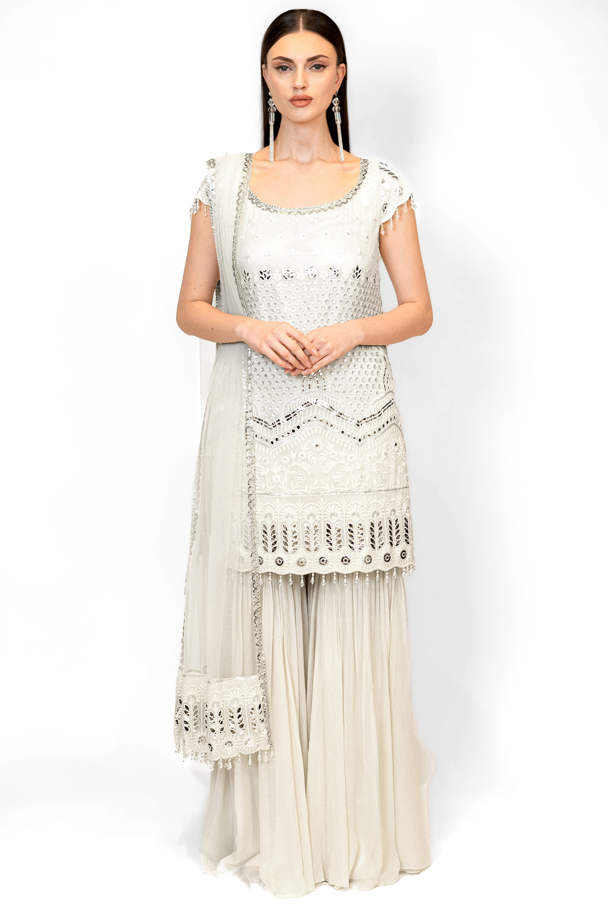 Ivory Georgette & Net Gharara Set by Rabani & Rakha at Pernia's Pop Up Shop