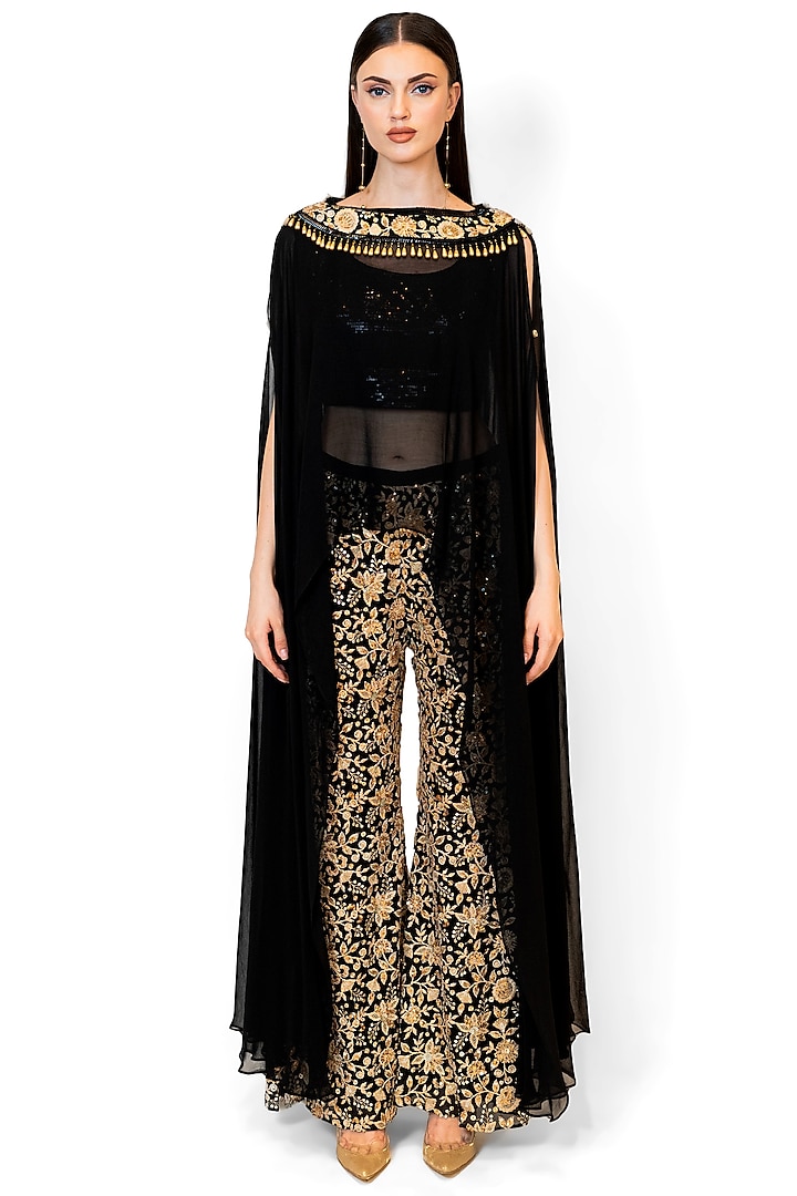 Black Georgette Embroidered Cape Set by Rabani & Rakha at Pernia's Pop Up Shop