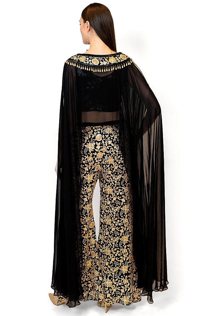 Black Georgette Embroidered Cape Set by Rabani & Rakha at Pernia's Pop Up Shop