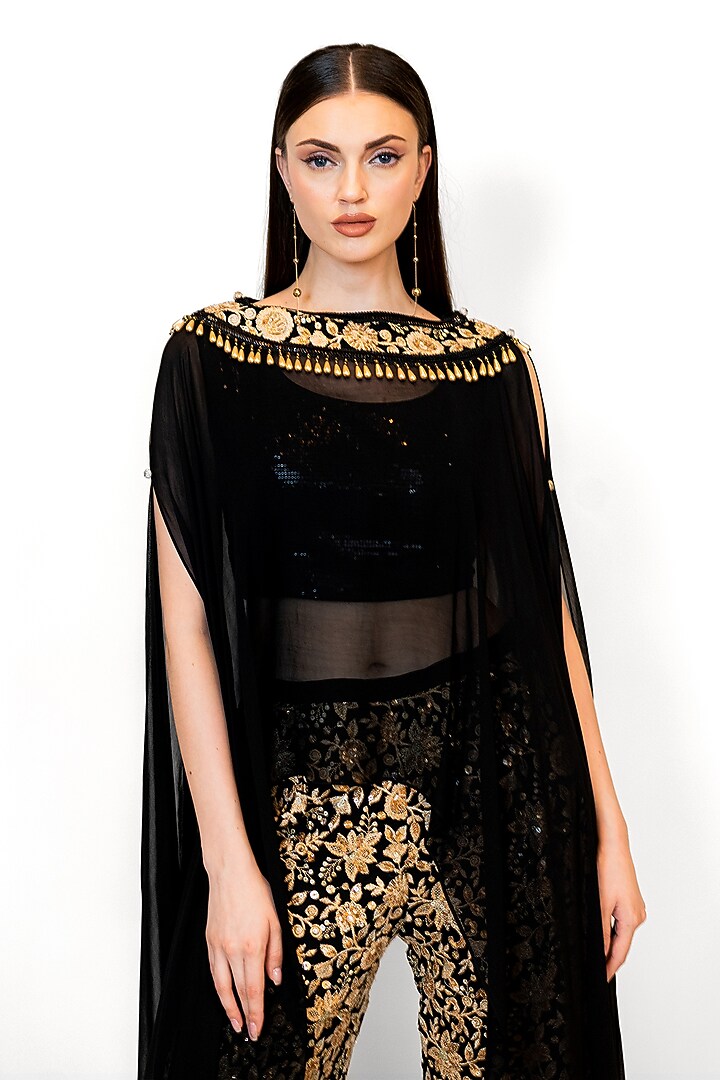 Black Georgette Embroidered Cape Set by Rabani & Rakha at Pernia's Pop Up Shop