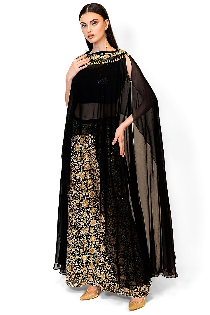 Black Georgette Embroidered Cape Set by Rabani & Rakha at Pernia's Pop Up Shop