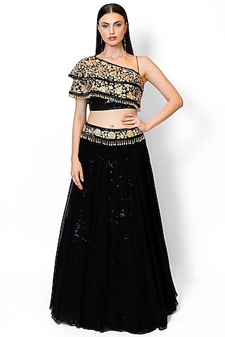 Black Georgette & Chiffon Embroidered Lehenga Set by Rabani & Rakha