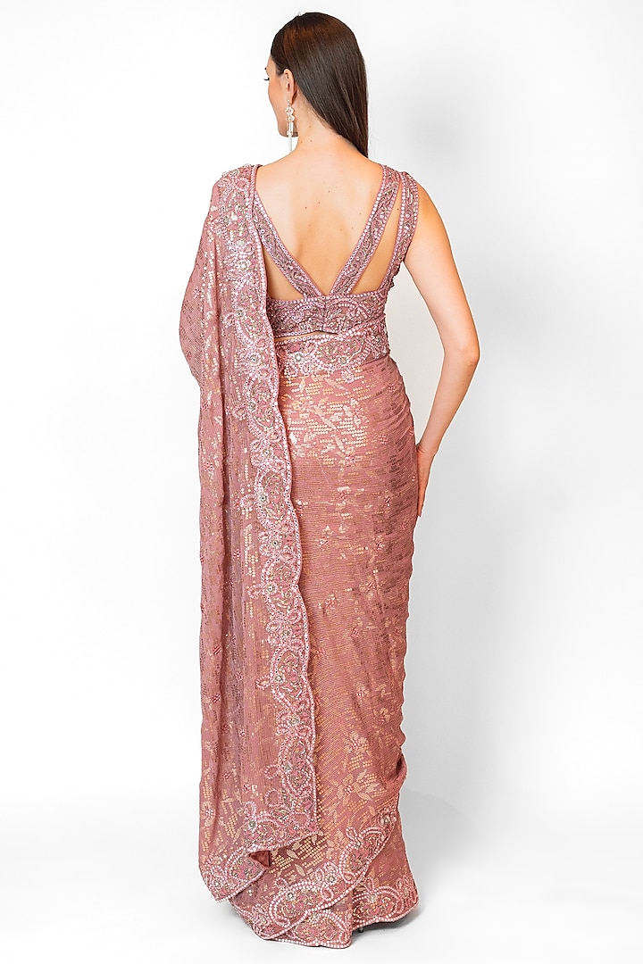 Old Rose Pink Georgette Embroidered Bridal Saree Set by Rabani & Rakha at Pernia's Pop Up Shop