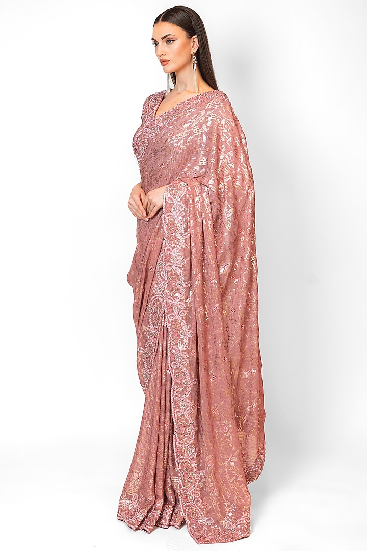 Old Rose Pink Georgette Embroidered Bridal Saree Set by Rabani & Rakha at Pernia's Pop Up Shop