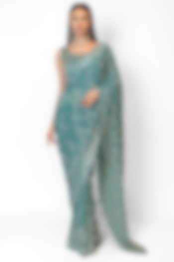 Green Georgette Embroidered Bridal Saree Set by Rabani & Rakha at Pernia's Pop Up Shop