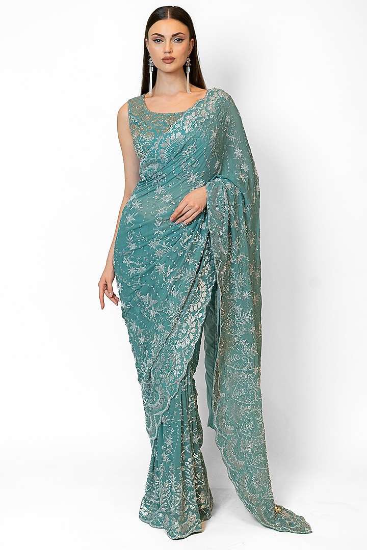 Green Georgette Embroidered Bridal Saree Set by Rabani & Rakha at Pernia's Pop Up Shop