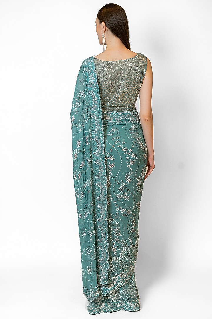 Green Georgette Embroidered Bridal Saree Set by Rabani & Rakha at Pernia's Pop Up Shop