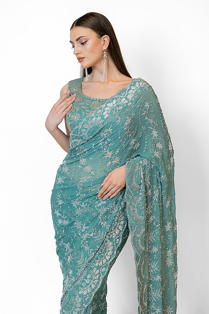 Green Georgette Embroidered Bridal Saree Set by Rabani & Rakha at Pernia's Pop Up Shop