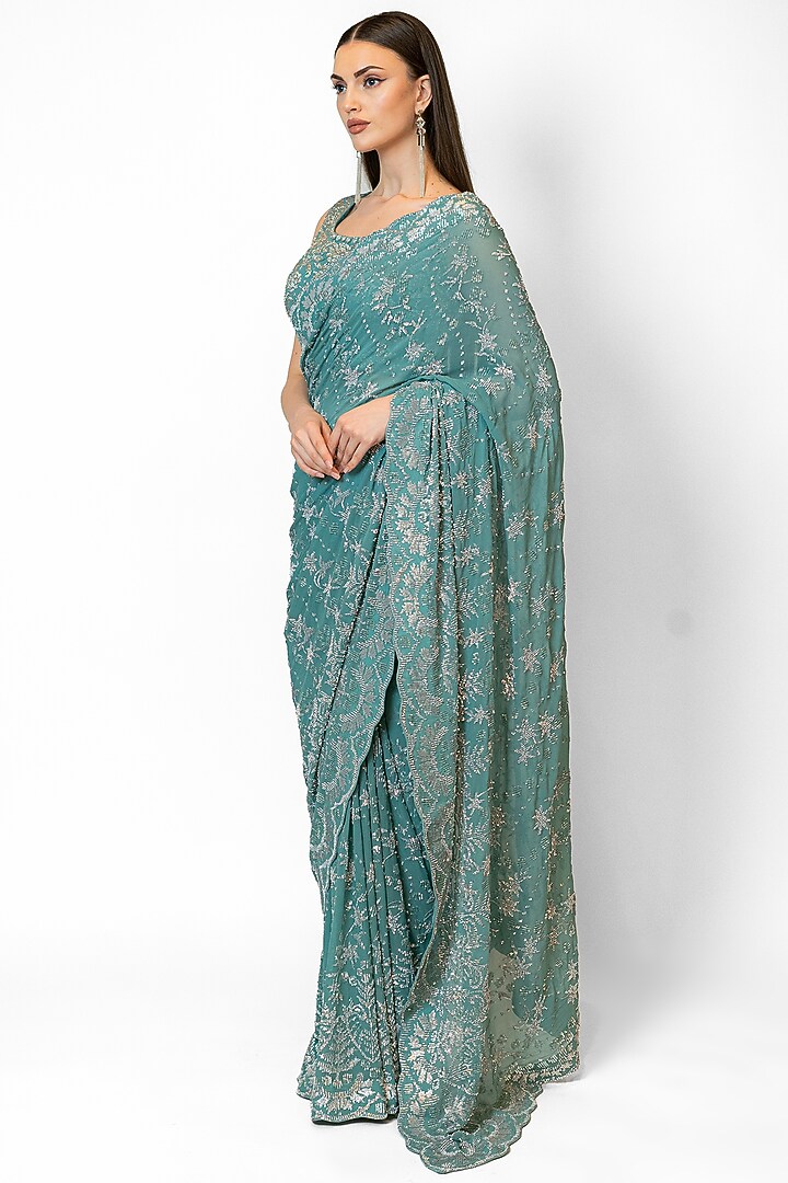 Green Georgette Embroidered Bridal Saree Set by Rabani & Rakha at Pernia's Pop Up Shop