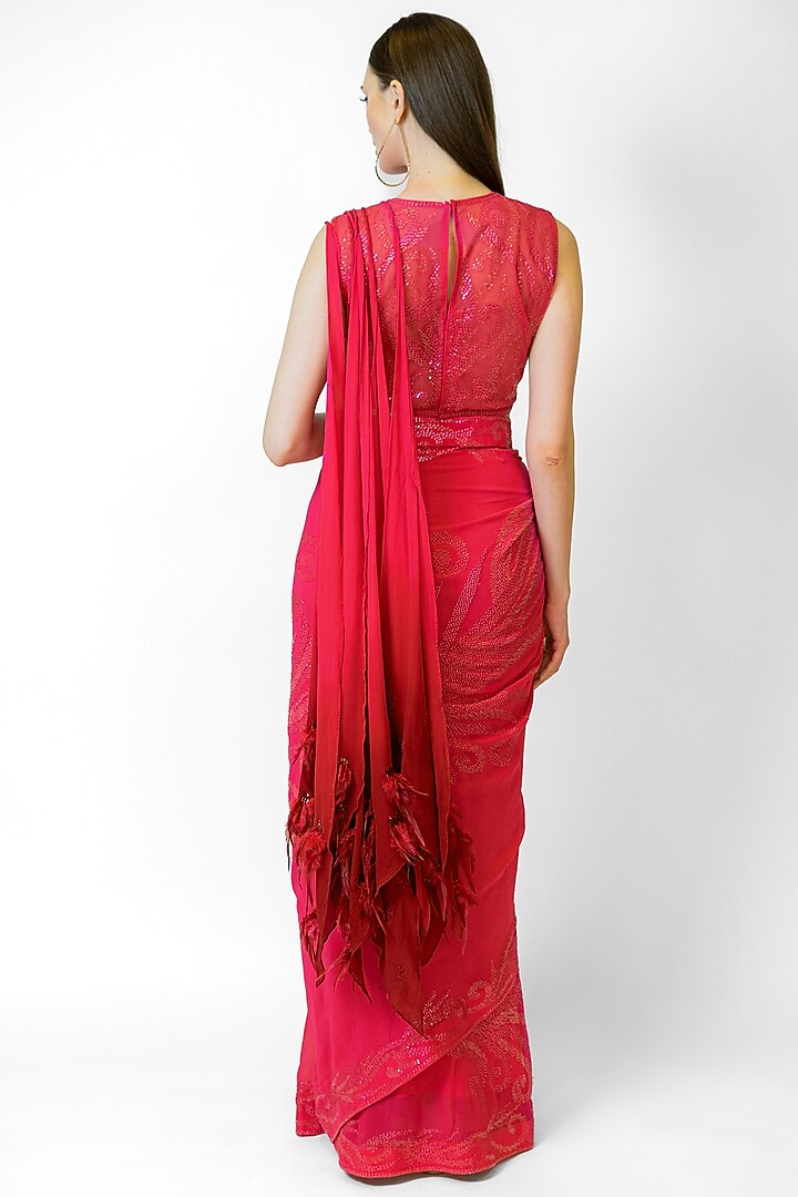 Fuchsia Georgette Embroidered Reception Saree Set by Rabani & Rakha at Pernia's Pop Up Shop