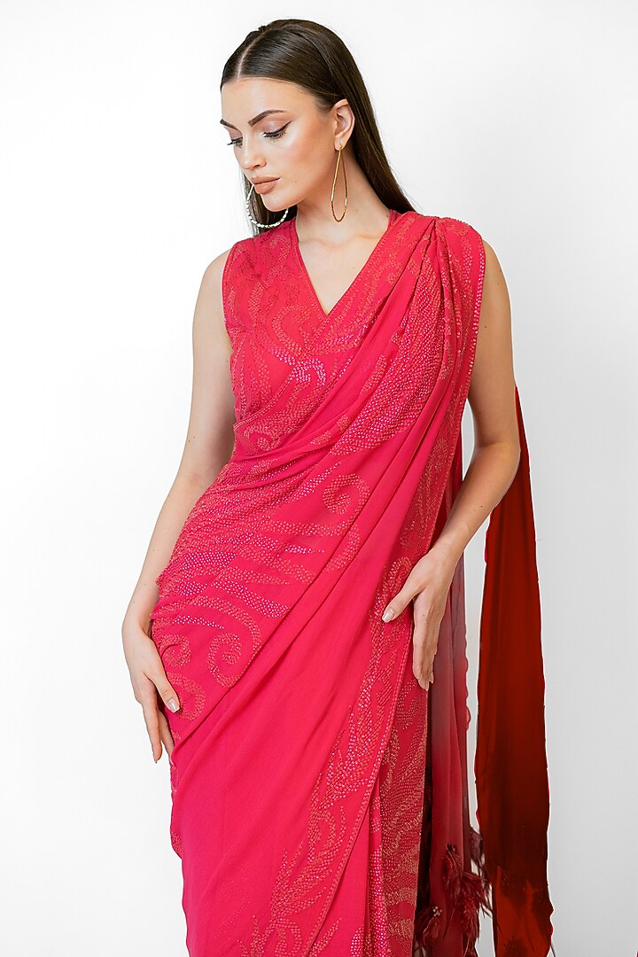 Fuchsia Georgette Embroidered Reception Saree Set by Rabani & Rakha at Pernia's Pop Up Shop