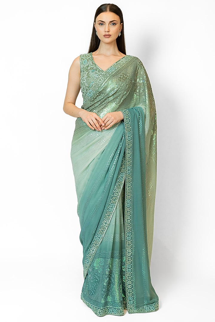 Forest Green Georgette Embroidered Reception Saree Set by Rabani & Rakha at Pernia's Pop Up Shop
