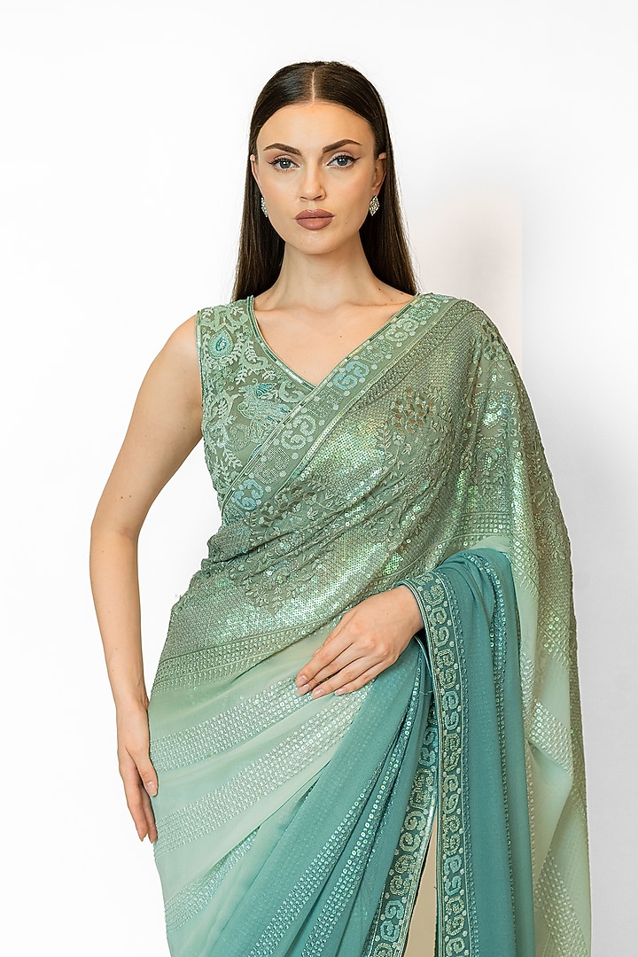 Forest Green Georgette Embroidered Reception Saree Set by Rabani & Rakha at Pernia's Pop Up Shop