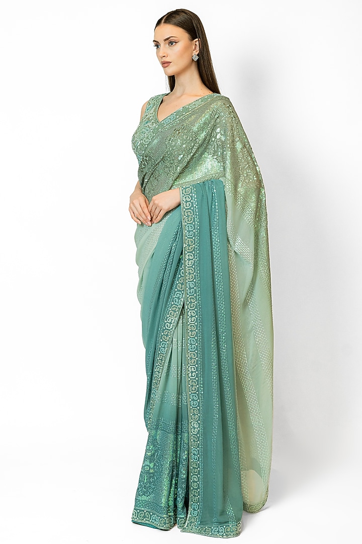 Forest Green Georgette Embroidered Reception Saree Set by Rabani & Rakha at Pernia's Pop Up Shop