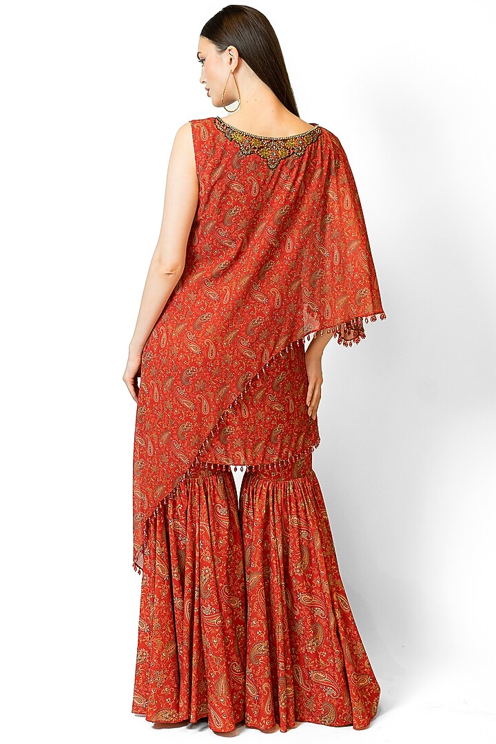 Red Georgette Printed Cape Set by Rabani & Rakha at Pernia's Pop Up Shop