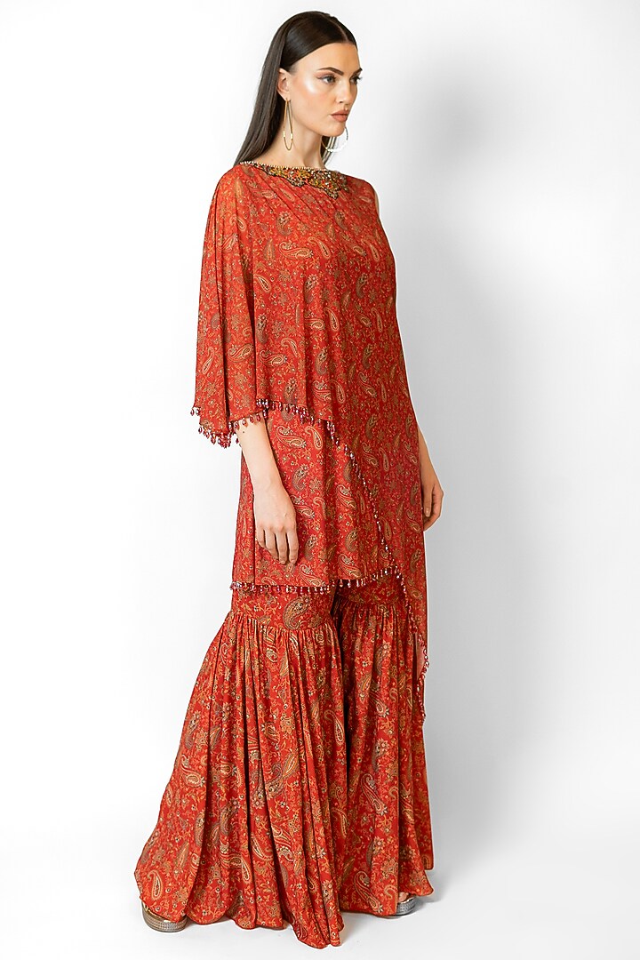 Red Georgette Printed Cape Set by Rabani & Rakha at Pernia's Pop Up Shop