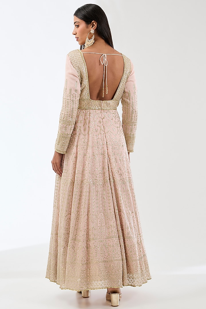 Blush Pink Georgette Sequins Embroidered Bridal Anarkali Set by Rabani & Rakha at Pernia's Pop Up Shop