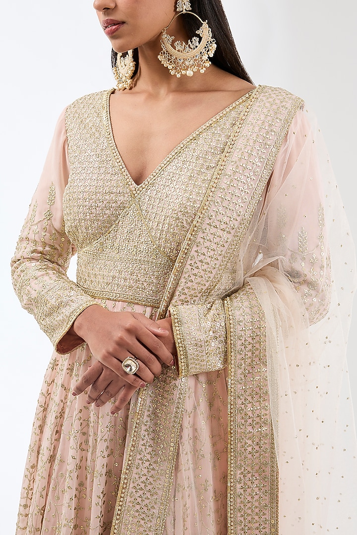 Blush Pink Georgette Sequins Embroidered Bridal Anarkali Set by Rabani & Rakha at Pernia's Pop Up Shop