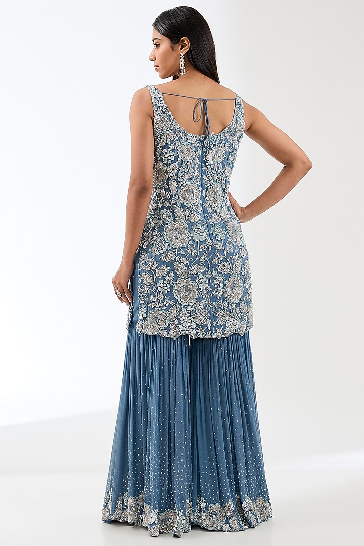 Teal Blue Georgette Hand Embroidered Kurta Set by Rabani & Rakha at Pernia's Pop Up Shop