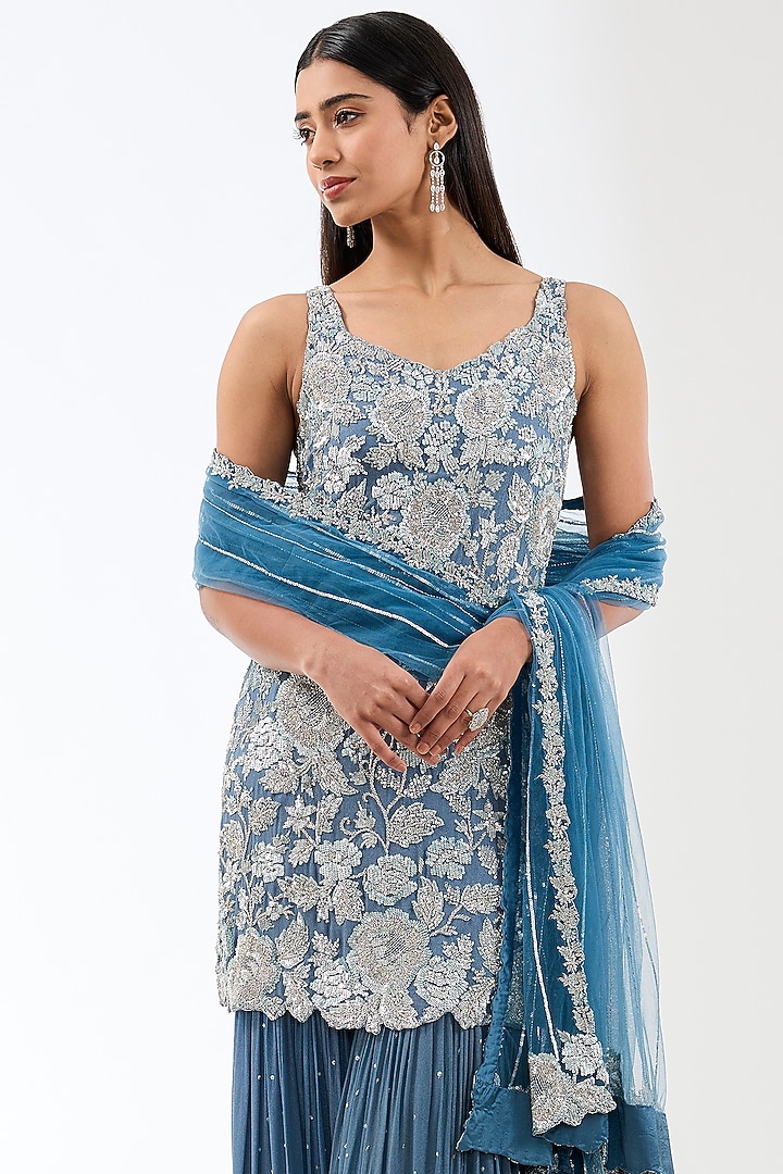 Teal Blue Georgette Hand Embroidered Kurta Set by Rabani & Rakha at Pernia's Pop Up Shop