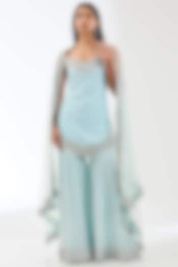 Aqua Georgette Bead Work Kurta Set by Rabani & Rakha at Pernia's Pop Up Shop