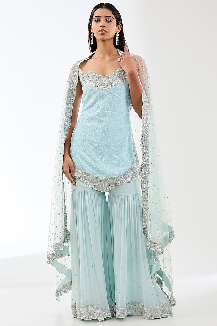 Aqua Georgette Bead Work Kurta Set by Rabani & Rakha at Pernia's Pop Up Shop