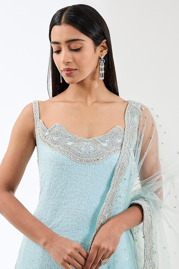 Aqua Georgette Bead Work Kurta Set by Rabani & Rakha at Pernia's Pop Up Shop