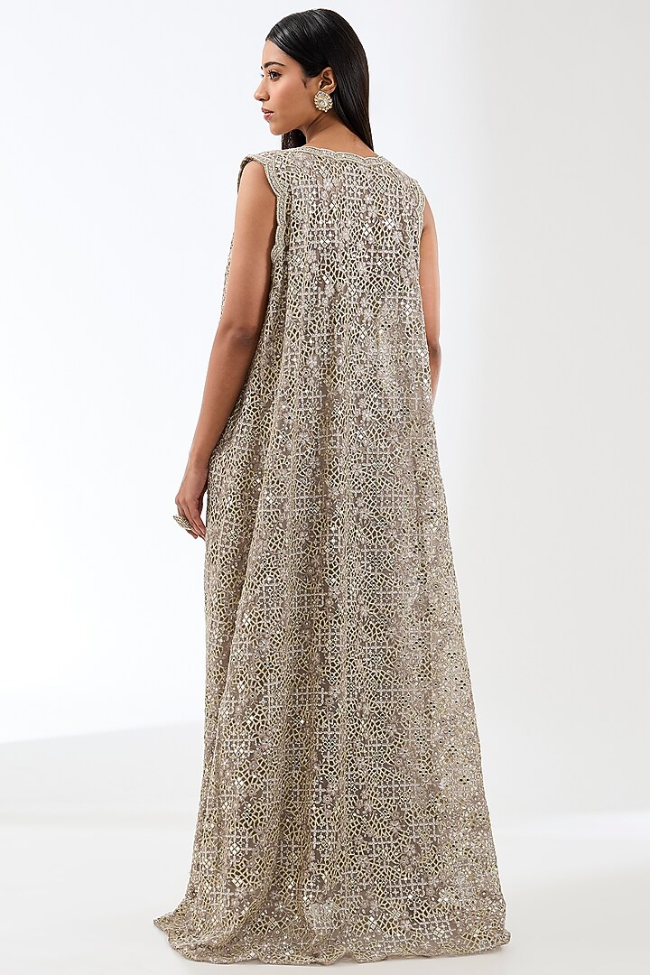 Beige-Gold Net Metal Thread Jaal Embroidered Jacket Set by Rabani & Rakha at Pernia's Pop Up Shop