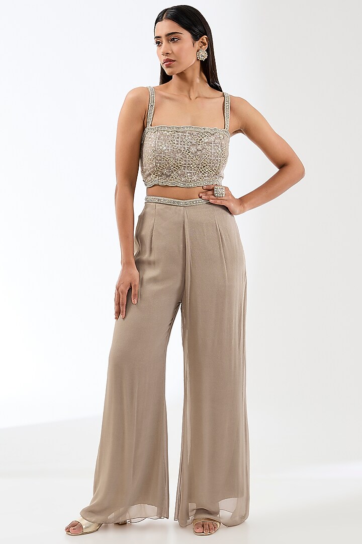 Beige-Gold Net Metal Thread Jaal Embroidered Jacket Set by Rabani & Rakha at Pernia's Pop Up Shop
