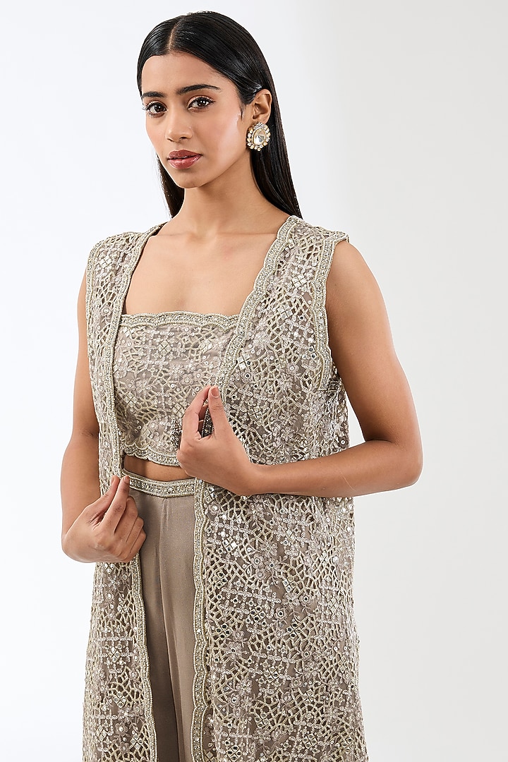 Beige-Gold Net Metal Thread Jaal Embroidered Jacket Set by Rabani & Rakha at Pernia's Pop Up Shop