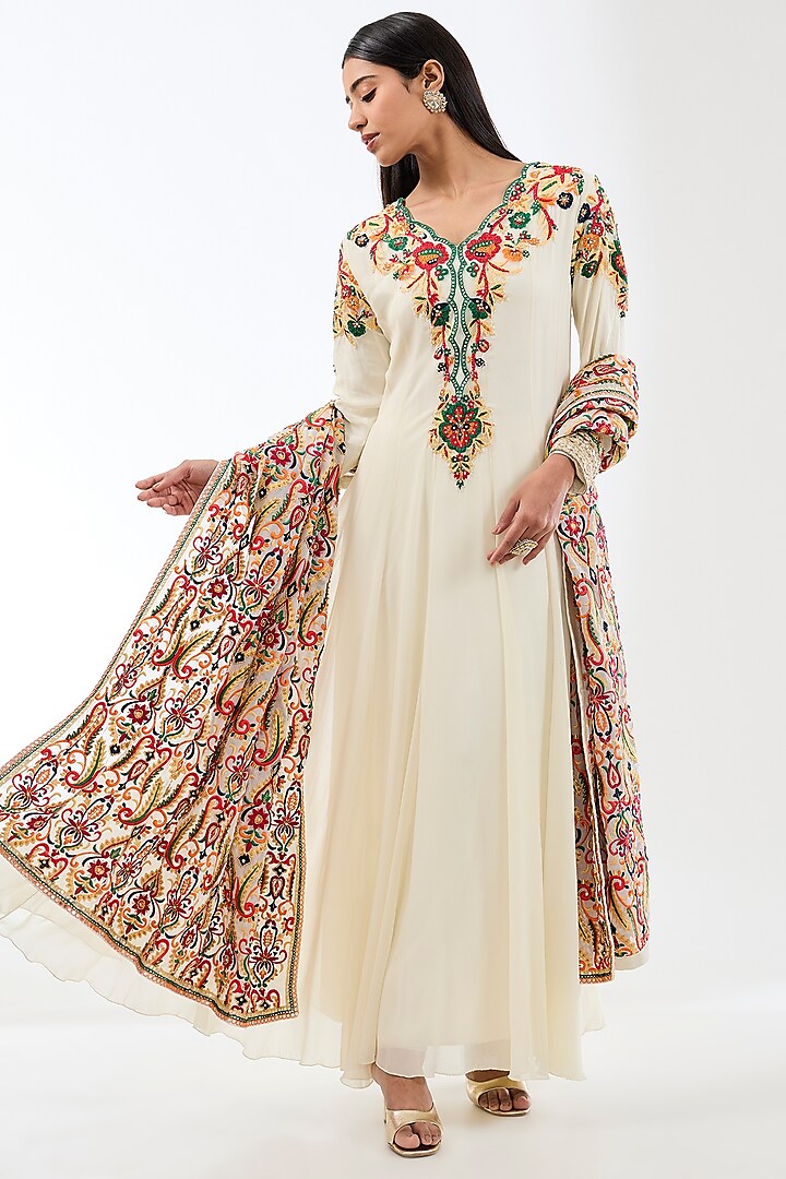 Ivory Georgette Hand Embroidered Kalidar Kurta Set by Rabani & Rakha at Pernia's Pop Up Shop