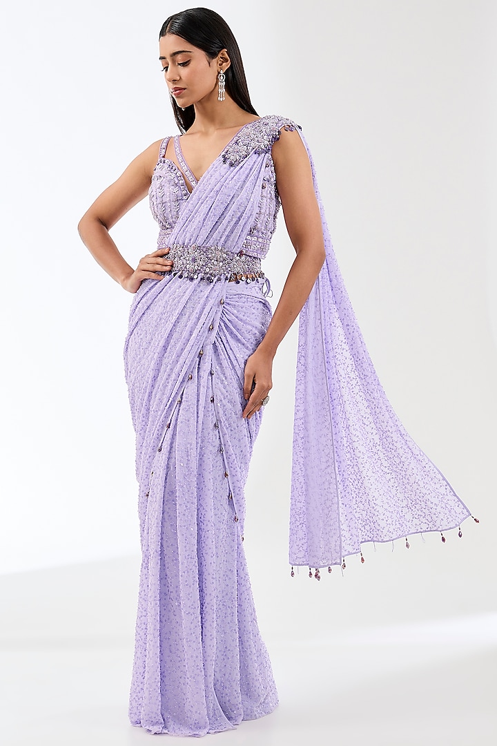 Lilac Georgette Hand Embroidered Pre-Stitched Saree Set by Rabani & Rakha at Pernia's Pop Up Shop