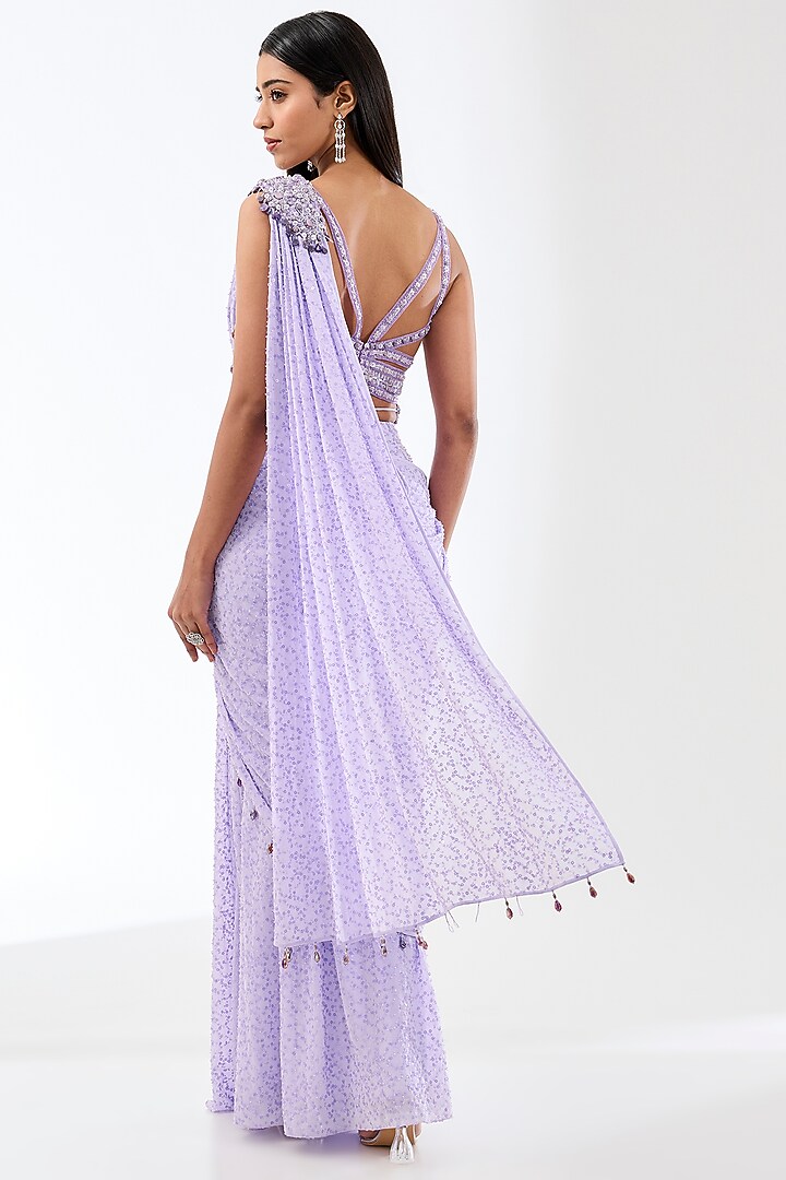 Lilac Georgette Hand Embroidered Pre-Stitched Reception Saree Set by Rabani & Rakha at Pernia's Pop Up Shop