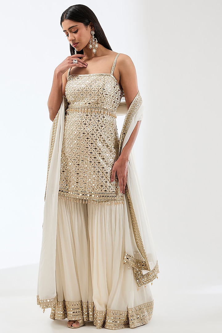 Ivory Georgette Mirror Embroidered Gharara Set by Rabani & Rakha at Pernia's Pop Up Shop