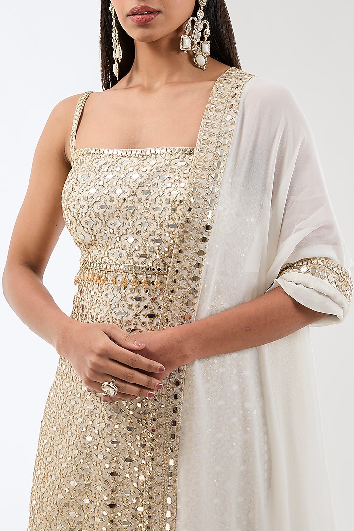 Ivory Georgette Mirror Embroidered Gharara Set by Rabani & Rakha at Pernia's Pop Up Shop