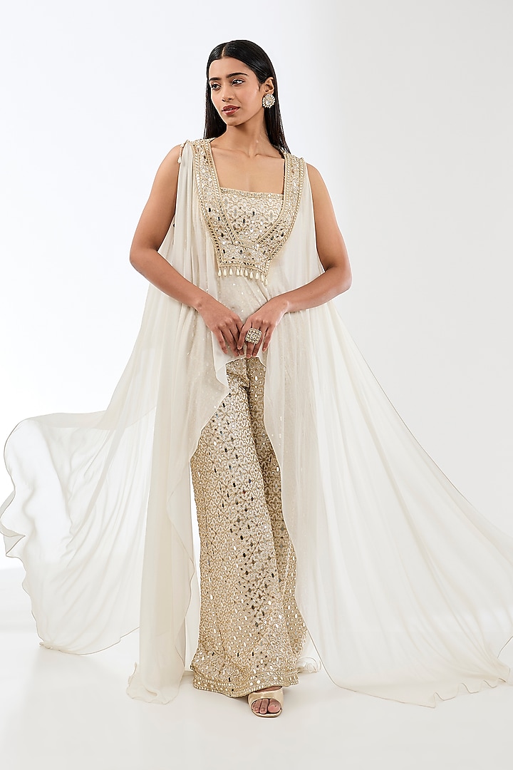 Ivory Georgette Zari & Mirror Embroidered Palazzo Pant Set by Rabani & Rakha at Pernia's Pop Up Shop