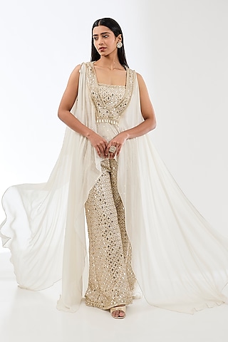 Ivory Georgette Zari & Mirror Embroidered Palazzo Pant Set by Rabani & Rakha