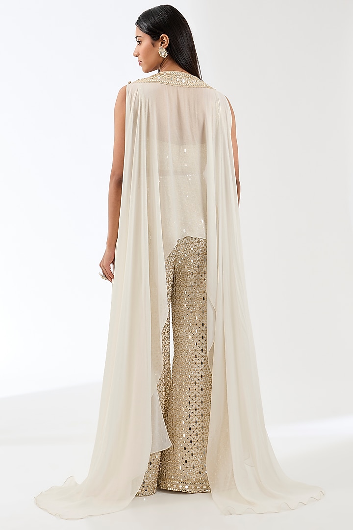 Ivory Georgette Zari & Mirror Embroidered Palazzo Pant Set by Rabani & Rakha at Pernia's Pop Up Shop