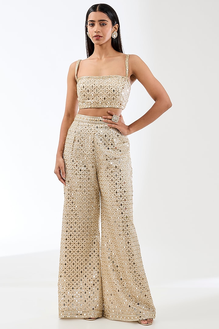 Ivory Georgette Zari & Mirror Embroidered Palazzo Pant Set by Rabani & Rakha at Pernia's Pop Up Shop