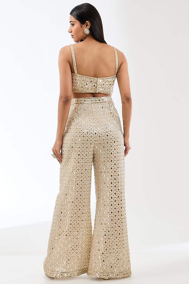 Ivory Georgette Zari & Mirror Embroidered Palazzo Pant Set by Rabani & Rakha at Pernia's Pop Up Shop