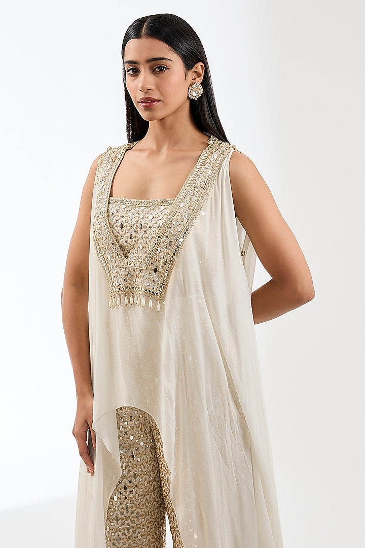 Ivory Georgette Zari & Mirror Embroidered Palazzo Pant Set by Rabani & Rakha at Pernia's Pop Up Shop